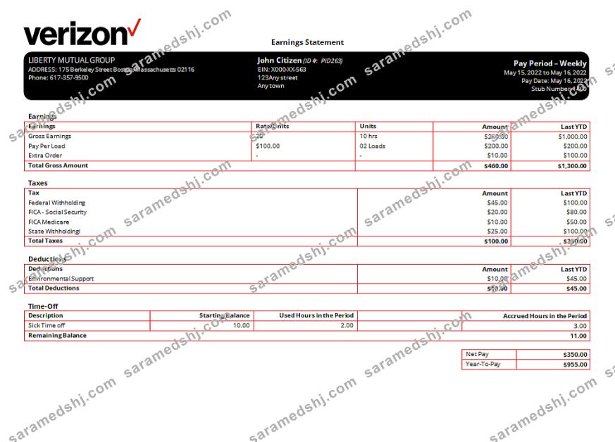 USA Verizon telecommunication company pay stub